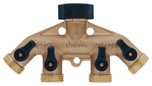 Orbit 62010N Hose Faucet Manifold, 3/4 in Swivel x MHT, 4-Port/Way, Brass