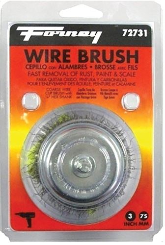 Forney 72731 Wire Cup Brush, 3 in Dia, 0.012 in Dia Bristle, Steel Bristle