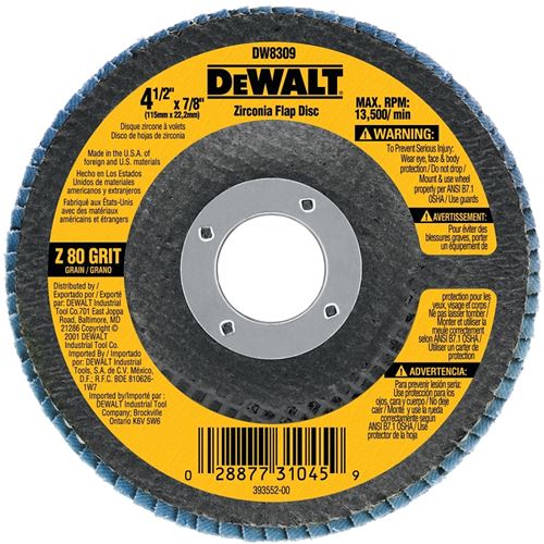 DeWALT DW8309 Flap Disc, 4-1/2 in Dia, 7/8 in Arbor, Coated, 80 Grit, Medium, Zirconia Abrasive