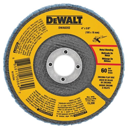DeWALT DWA8202 Flap Disc, 4 in Dia, 5/8 in Arbor, Coated, 60 Grit, Medium, Zirconium Oxide Abrasive
