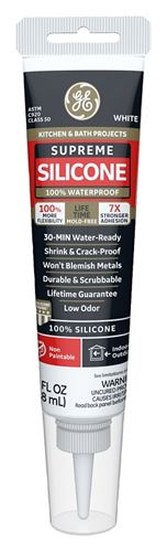 GE Supreme Silicone 2823400 Kitchen & Bath Sealant, White, 24 hr Curing, 2.8 fl-oz Squeeze Tube, Pack of 12