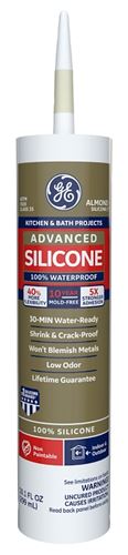 GE Advanced Silicone 2 2816707 Kitchen & Bath Sealant, Almond, 24 hr Curing, 10.1 fl-oz Cartridge, Pack of 12