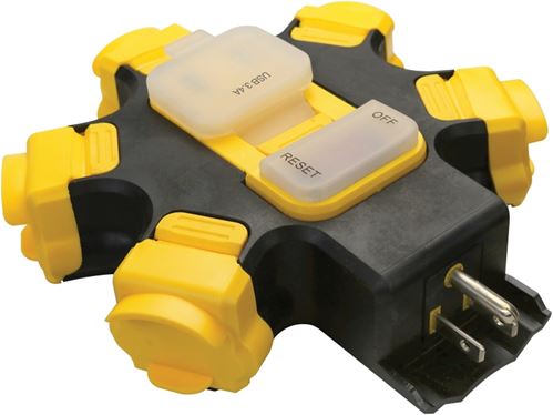 PowerZone ORPBPHU345 Outdoor Power Hub, 3.4 A, 125 V, 2 -USB Port, Black/Yellow