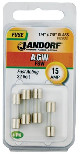 Jandorf 60651 Fast Acting Fuse, 15 A, 32 V, 10 kA Interrupt, Glass Body