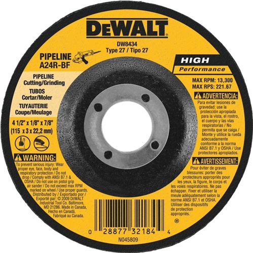 DeWALT DW8434 Grinding Wheel, 4-1/2 in Dia, 1/8 in Thick, 5/8 in Arbor, 24 Grit, Very Coarse