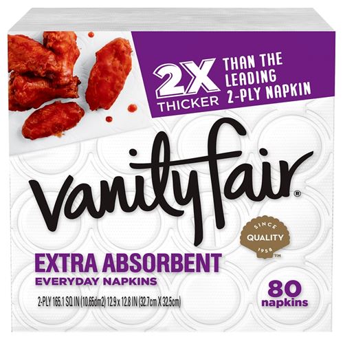 Vanity Fair 35236 Extra Absorbent Napkin, 6.38 in L, 6.38 in W, 2-Ply, Paper, Pack of 12