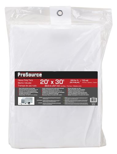 ProSource TW2030 Tarp, 30 ft L, 20 ft W, 10 mil Thick, Plastic, White