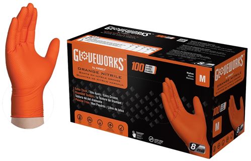 Gloveworks GWON44100 Heavy-Duty Disposable Gloves, M, Nitrile, Powder-Free, Orange, 9-1/2 in L