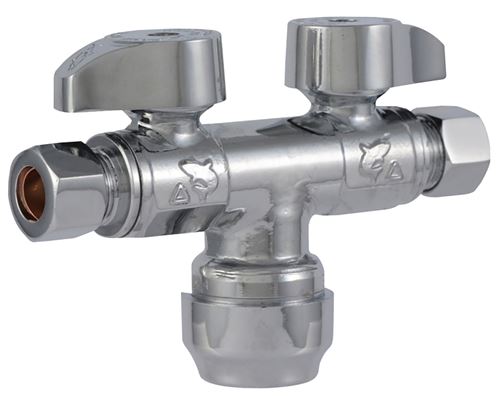 SharkBite SBDS123838 Dual Shut-Off Valve, 1/2 x 3/8 in Connection, Push-to-Connect x Compression, 4 gpm, Brass Body