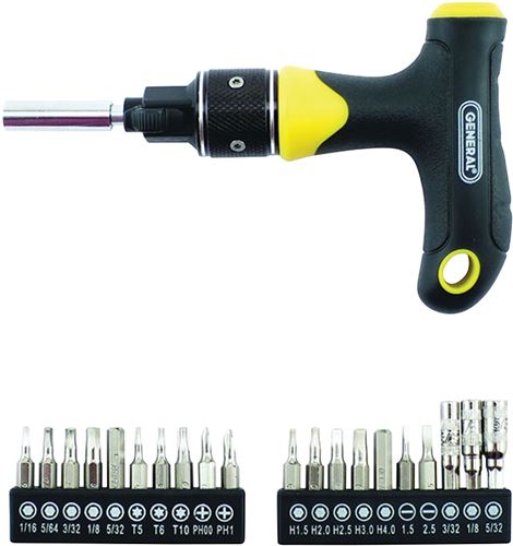 General 70211 Ratcheting Screwdriver with T-Handle, Multi-Bit Drive, 5-1/2 in OAL, Comfort-Grip Handle