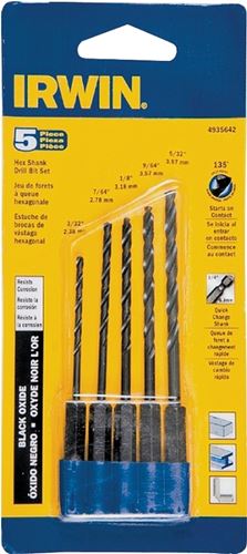 Irwin 4935642 Jobber Length Drill Bit Set, Heavy-Duty, 5-Piece, Steel, Black Oxide