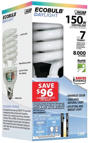 Feit Electric ESL40TN/D Compact Fluorescent Bulb, 40 W, Medium E26 Lamp Base, 2800 Lumens, 6500 K Color Temp