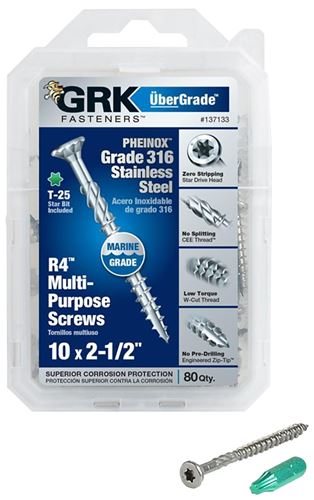 GRK Fasteners 137133 Framing and Decking Screw, #10 Thread, 2-1/2 in L, Flat Head, Star Drive, 316 Stainless Steel