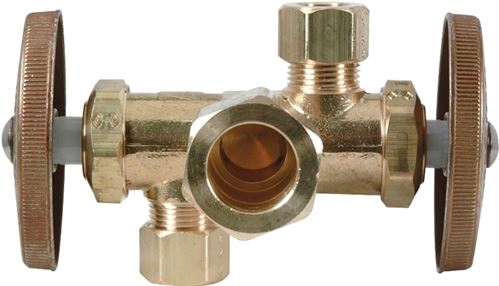 BrassCraft CR1901DVXR Stop Valve, 1/2 x 3/8 x 3/8 in Connection, Compression, 125 psi Pressure, Brass Body