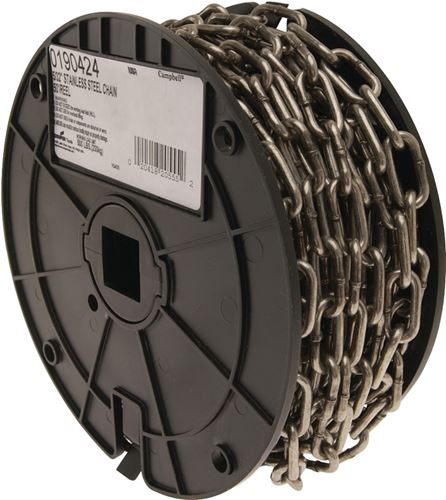 Campbell 0190424 Chain, 5/32 in, 50 ft L, 500 lb Working Load, 316L Stainless Steel, Bright