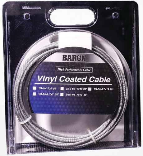 BARON 50201/50210 Aircraft Cable, 1/8 to 3/16 in Dia, 50 ft L, 340 lb Working Load, Galvanized Steel