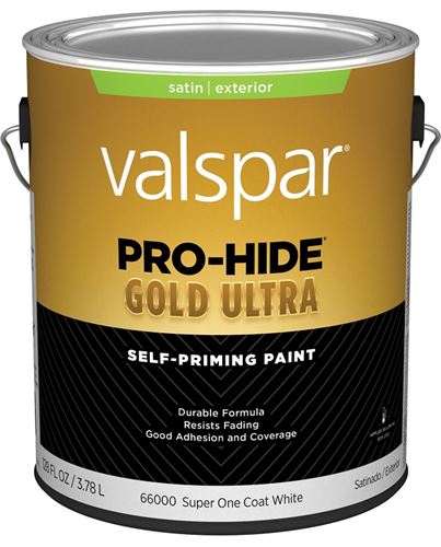 Valspar Pro-Hide Gold Ultra 6600 028.0066000.007 Latex Paint, Acrylic Base, Satin Sheen, Super One Coat White, 1 gal, Pack of 4