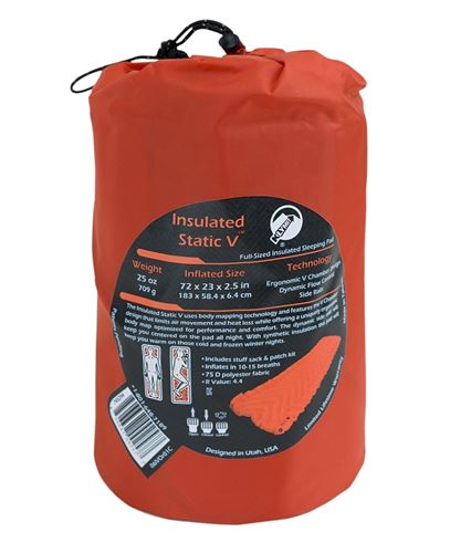 Klymit Insulated Static V 06IVOR02C Sleeping Pad, 72 in L, 23 in W, 75D Polyester, Orange