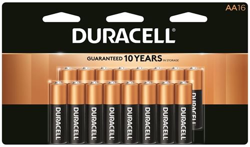 Duracell COPPERTOP MN1500 Series MN1500B16 Battery, 1.5 V Battery, AA Battery, Alkaline, Manganese Dioxide