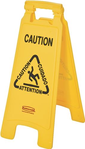 Rubbermaid FG611200 YEL Floor Sign, 11 in W, 25 in H, Yellow Background, Caution, English, French, Spanish