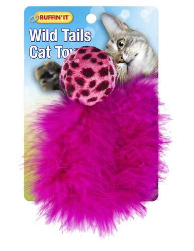 Ruffin'It 32027 Cat Toy, Ball with Feather Tail, Plush, Assorted, Pack of 4