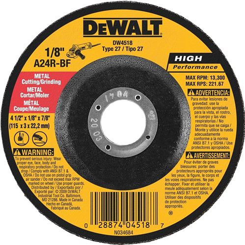 DeWALT DW4518 Grinding Wheel, 4-1/2 in Dia, 1/8 in Thick, 7/8 in Arbor, 24 Grit, Very Coarse