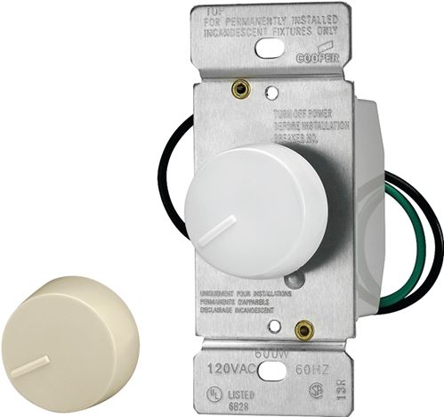 Eaton Wiring Devices RI061-VW-K2 Rotary Dimmer, 120 V, 600 W, Halogen, Incandescent Lamp, Single-Pole, Ivory/White