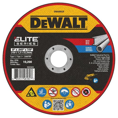 DeWALT ELITE Series DWA8953F Cutting Wheel, 6 in Dia, 0.04 in Thick, 7/8 in Arbor, Ceramic Abrasive