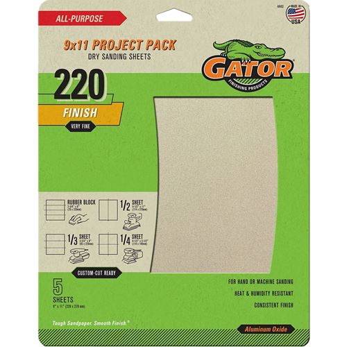 Gator 4443 Sanding Sheet, 11 in L, 9 in W, 220 Grit, Extra Fine, Aluminum Oxide Abrasive