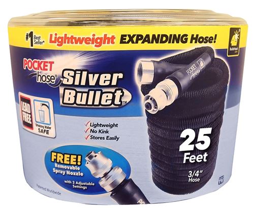 POCKET hose Silver Bullet 136436 Expanding Garden Hose, 3/4 in, 25 ft L, Plastic, Black