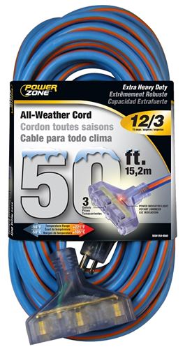 PowerZone ORC630830 Extension Cord, 12 AWG Cable, 5-15P Grounded Plug, 5-15R Grounded Receptacle, 50 ft L, 125 V