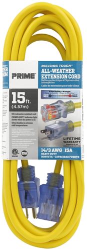 Prime LT511715 Extension Cord, 14/3 AWG Cable, 15 ft L, Yellow