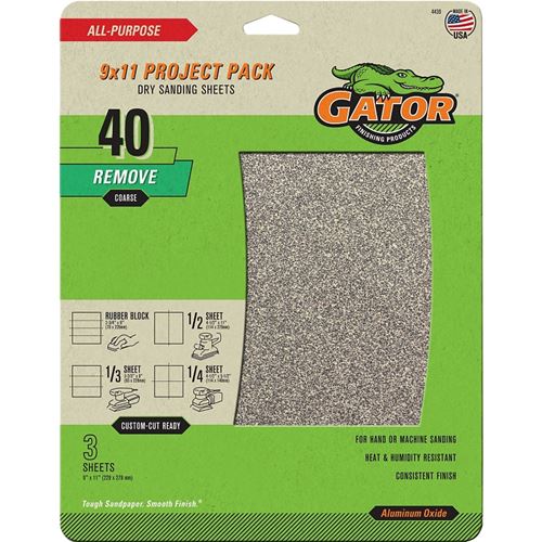 Gator 4439 Sanding Sheet, 11 in L, 9 in W, 40 Grit, Coarse, Aluminum Oxide Abrasive