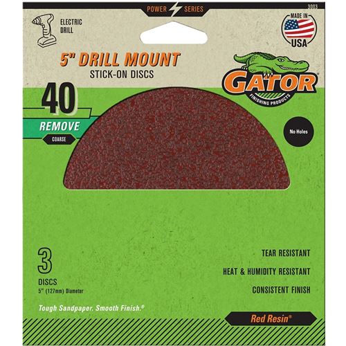 Gator 3003 Sanding Disc, 5 in Dia, 40 Grit, Extra Coarse, Aluminum Oxide Abrasive, Paper Backing