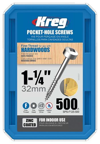 Kreg SPS-F125 - 500 Pocket-Hole Screw, #6 Thread, 1-1/4 in L, Fine Thread, Pan Head, Square Drive, Self-Tapping Point