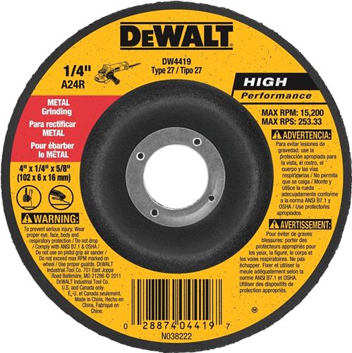 DeWALT DW4419 Grinding Wheel, 4 in Dia, 1/4 in Thick, 5/8 in Arbor, 24 Grit, Very Coarse, Aluminum Oxide Abrasive