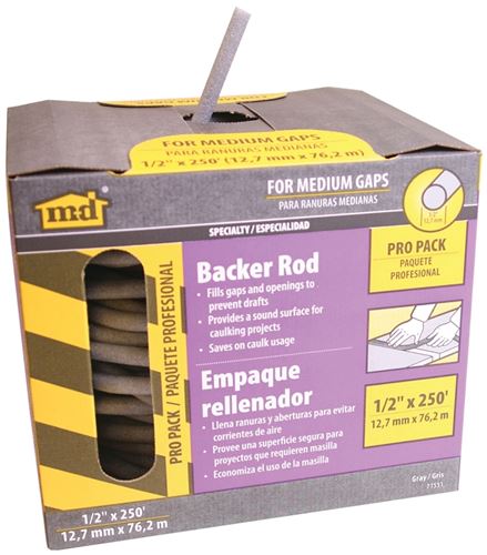 M-D 71551 Backer Rod, 1/2 in Dia, 250 ft L, Polyethylene, Gray