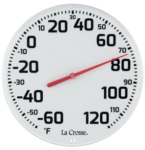 La Crosse 104-1522-TBP Round Thermometer, 8-1/2 in Display, Analog, -60 to 120 deg F, Plastic Casing, White Casing