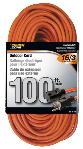 PowerZone OR501635 Extension Cord, 16 AWG Cable, 5-15P Grounded Plug, 5-15R Grounded Receptacle, 100 ft L, 125 V