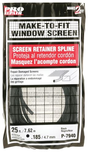 Make-2-Fit P7940 Screen Retainer Spline, 0.185 in D, 25 ft L, Vinyl, Black, Round