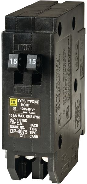 Square D Homeline HOMT1515CP Circuit Breaker, Mini, Tandem, 15 A, 1 -Pole, 120/240 V, Fixed Trip, Plug Mounting