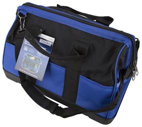 Vulcan JL-89022P Contractor's Tool Bag, 9-1/2 in W, 17 in D, 12 in H, 22-Pocket, Nylon, Black/Blue