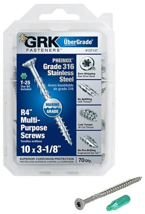 GRK Fasteners 137147 Framing and Decking Screw, #10 Thread, 3-1/8 in L, Flat Head, Star Drive, 316 Stainless Steel