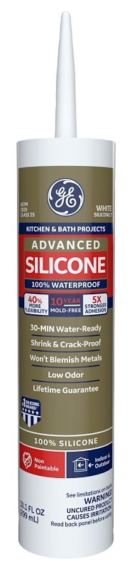 GE Advanced Silicone 2 2812565 Kitchen & Bath Sealant, White, 24 hr Curing, 10.1 fl-oz Cartridge, Pack of 12