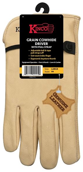 Kinco 99-M Driver Gloves, Men's, M, Keystone Thumb, Ball and Tape Cuff, Cowhide Leather, Tan