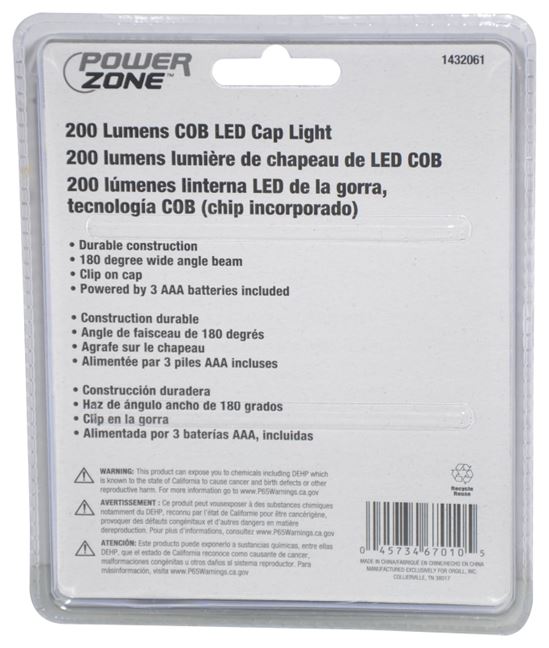 PowerZone 12304 COB LED Cap Light, AAA Battery, LED Lamp, 200 Lumens, 10 Beam Distance, 3 hr Run Time, Pack of 6 - VORG1432061