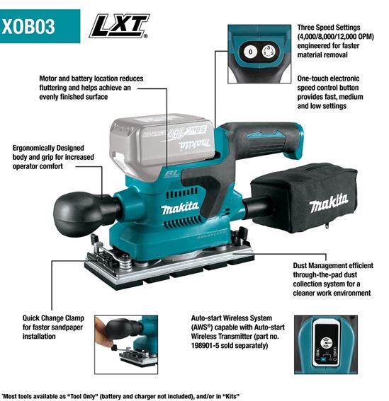 Makita LXT Series XOB03Z Brushless Finishing Sander, Tool Only, 18 V, 1/3 Sheet - VORG2554160