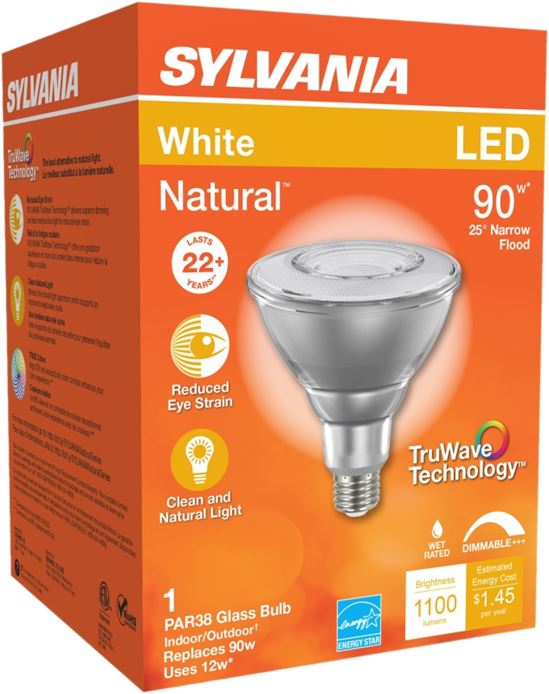 Sylvania 40899 Natural LED Bulb, Spotlight, PAR38 Lamp, E26 Lamp Base, Dimmable, Clear, Cool White Light - VORG1228469