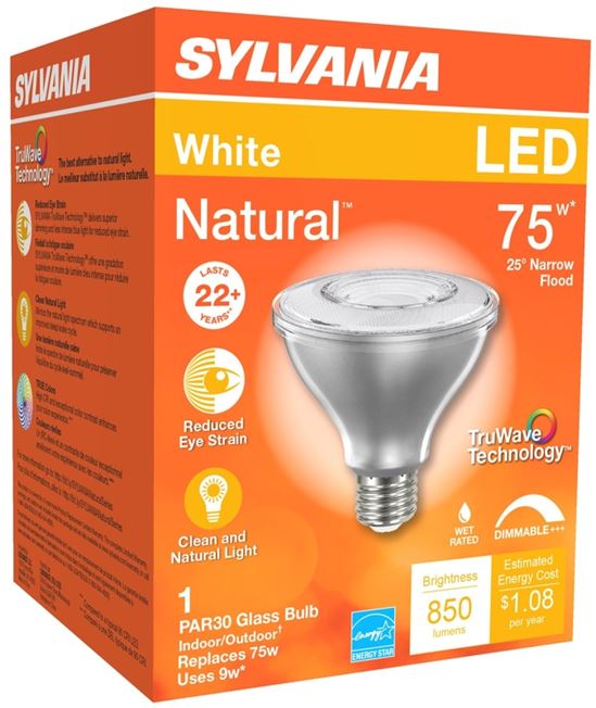 Sylvania 40914 Natural LED Bulb, Spotlight, PAR30 Lamp, E26 Lamp Base, Dimmable, Clear, Cool White Light - VORG1228402