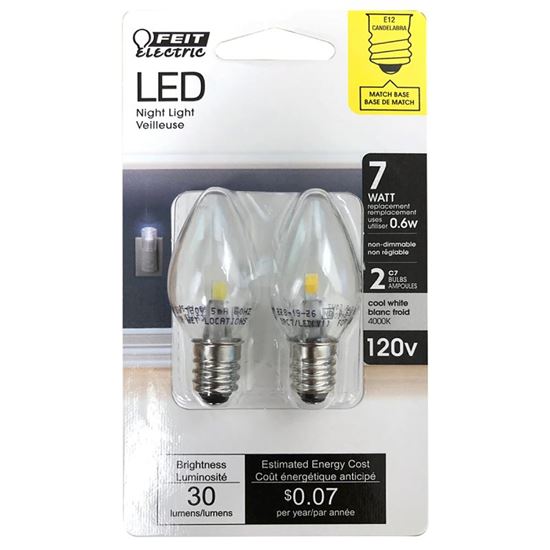 Feit Electric BPC7/LED LED Lamp, Decorative, C7 Lamp, E12 Lamp Base, Clear, White Light, 3500 K Color Temp - VORG7610454